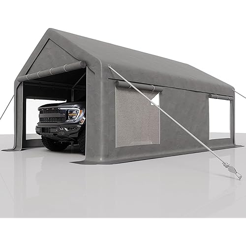 12 x 20ft Heavy-Duty Carport Canopy with Roll-Up Windows & DoorsThickened Wind Ropes, Ground Nails, Portable Car Tent Garage for Cars, Trucks, Boats, 180G Durable Tarp Cover,Grey