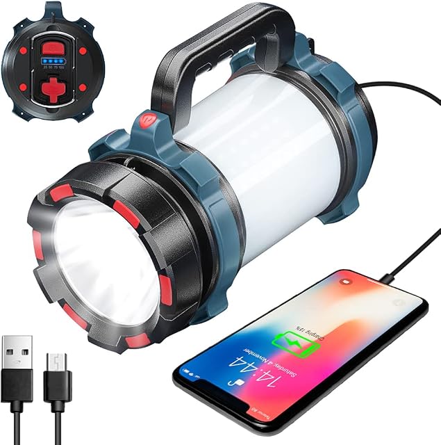CCHKFEI przenośna latarka LED, 2400 mAh, do ponownego ładowania, reflektor LED, lampa kempingowa, przyciemniana latarnia, ręczny reflektor do poszukiwania na zewnątrz, do wędrówek, wyposażenia awaryjnego, na