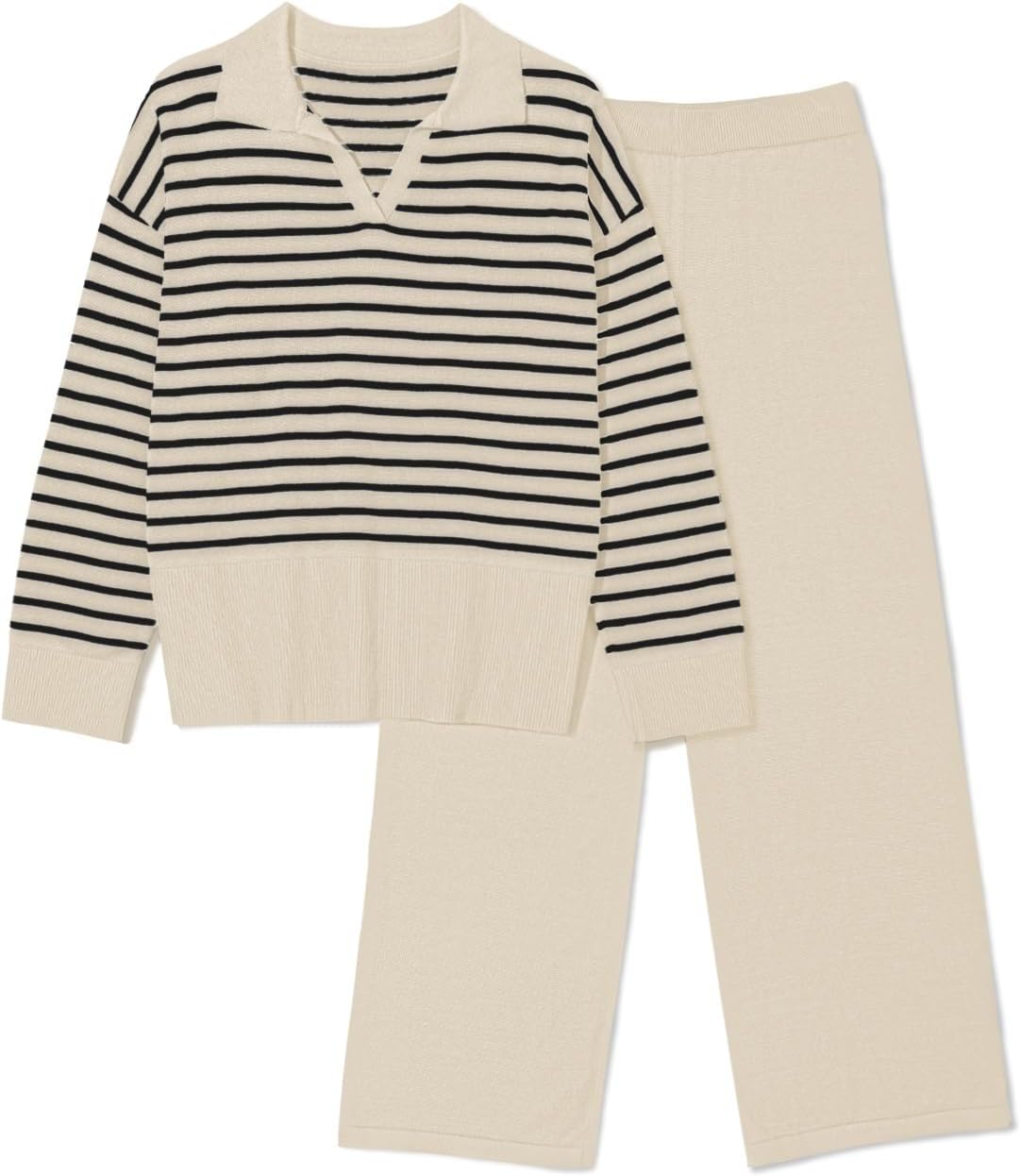 Pink Queen Sweater Sets for Women 2 Piece Long Sleeve Collar V Neck Sweatsuit Knitted Stripe Pajamas Beige Satin Small