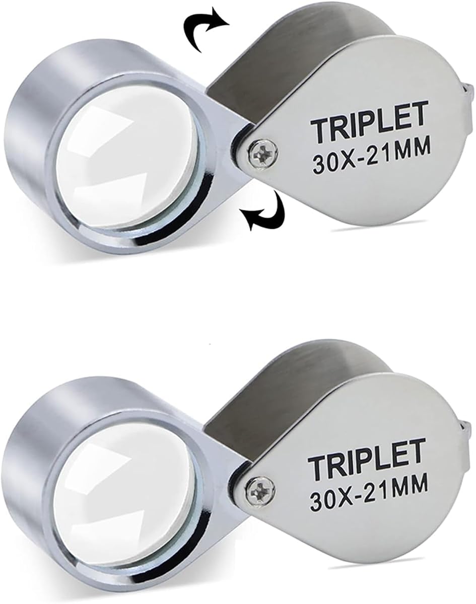 30X Jewelers Loupe Magnifier 2 Pcs Foldable Pocket Magnifying Glass | 30X optical glass lens, foldable silver metal shell, 21mm pocket size, for gem, jewelry & coin appraisal, with storage box