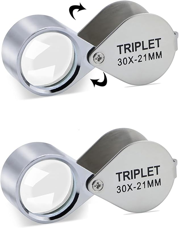 30X Jewelers Loupe Magnifier 2 Pcs Foldable Pocket Magnifying Glass | 30X optical glass lens, foldable silver metal shell, 21mm pocket size, for gem, jewelry & coin appraisal, with storage box
