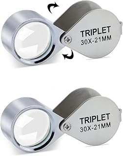 30X Jewelers Loupe Magnifier 2 Pcs Foldable Pocket Magnifying Glass | 30X optical glass lens, foldable silver metal shell, 21mm pocket size, for gem, jewelry & coin appraisal, with storage box