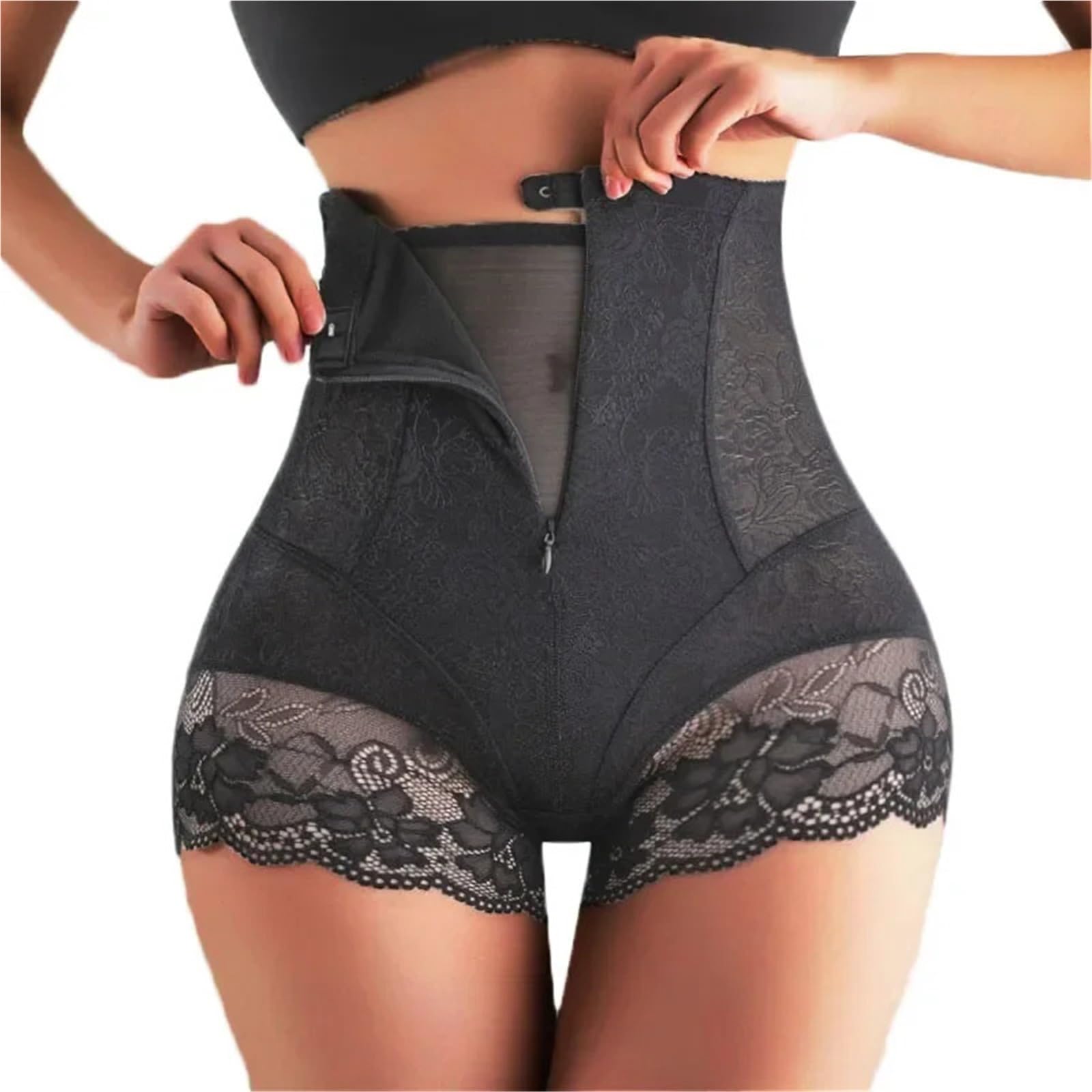 Mujer Bodies Moldeadores 2 uds Gancho Cierre de Cremallera Encaje Cintura Alta Control de Barriga Shapewear Panty Invisible Adelgazante Moldeador Mujer Ropa Interior Shaper Panty(Black,M)