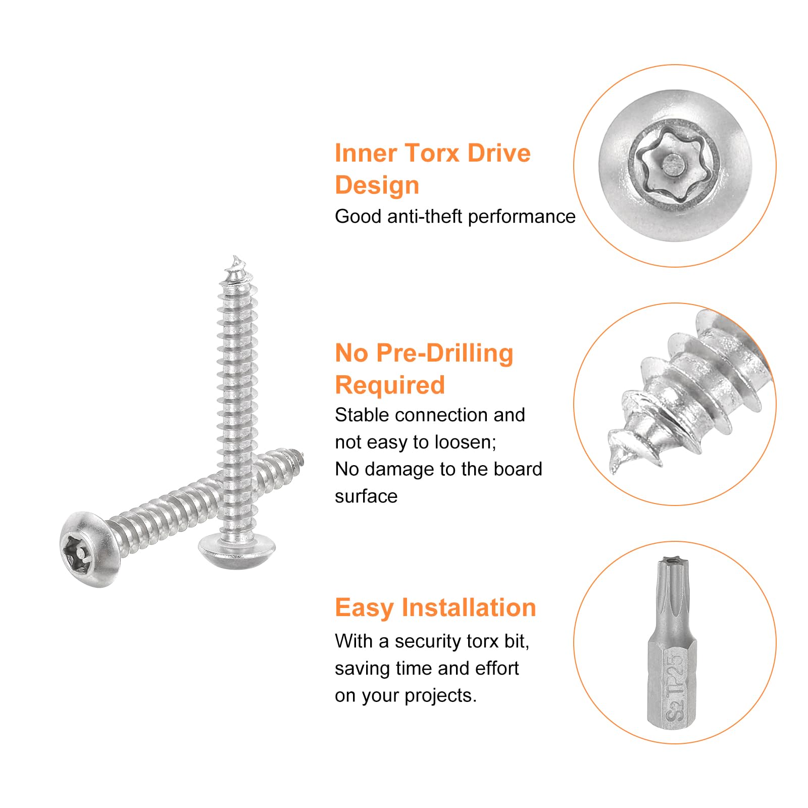 QUARKZMAN M5 x 40mm Viti per Lamiera di Sicurezza a Testa Tonda Torx, 30pz Viti Autofilettanti Antimanomissione Acciaio Inossidabile 304, Viti Legno Antifurto con Punta T25 (Argento)