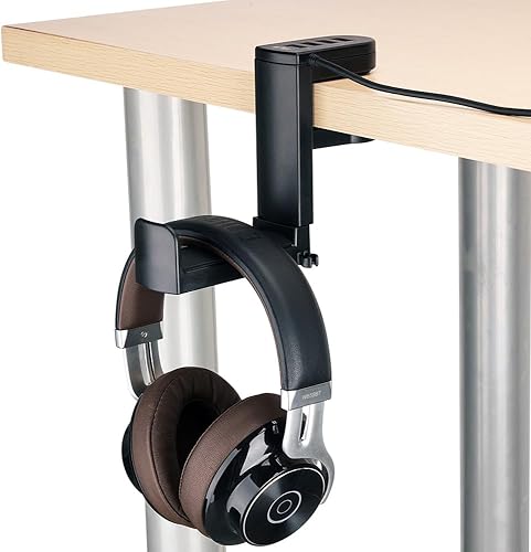 Miniatura 8 de KIWIFOTOS Soporte de auriculares 2 en 1 con hub USB soporte de auriculares para juegos de PC soporte de gancho para auriculares debajo del