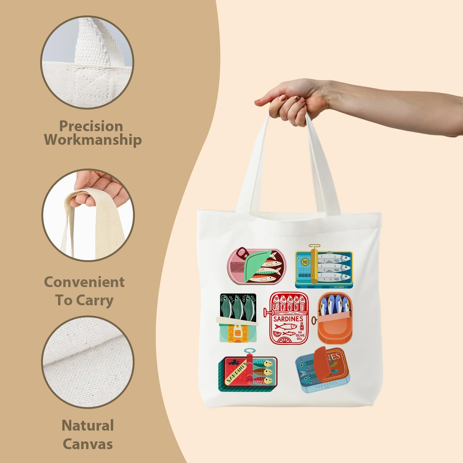 NATSUNO Canned Sardines Tote Bag,Fish Gifts for Women,Western Tote Bags for Women,Reusable Grocery Bags,Sardine Lover Gifts - Image 6
