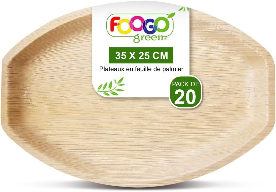 FOOGO Green 20 Plateaux Jetables Feuille de Palmier 35x25cm Ovales | Robustes et écologiques, Pizza, Entrées, Canapés, Planche charcuterie, Plats chauds, Alternative plateaux en bois