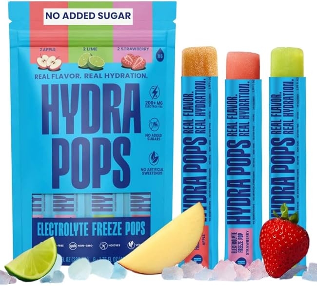Hydra Pops Electrolyte Freeze Pops - Naturally Sweetened with Real Fruit - No Added Sugar - No Dyes - Gluten Free - Vegan - 4 Essential Electrolytes - 30 Calories or Less - Natural Ingredients - 200mg+ Electrolytes - 6 pack