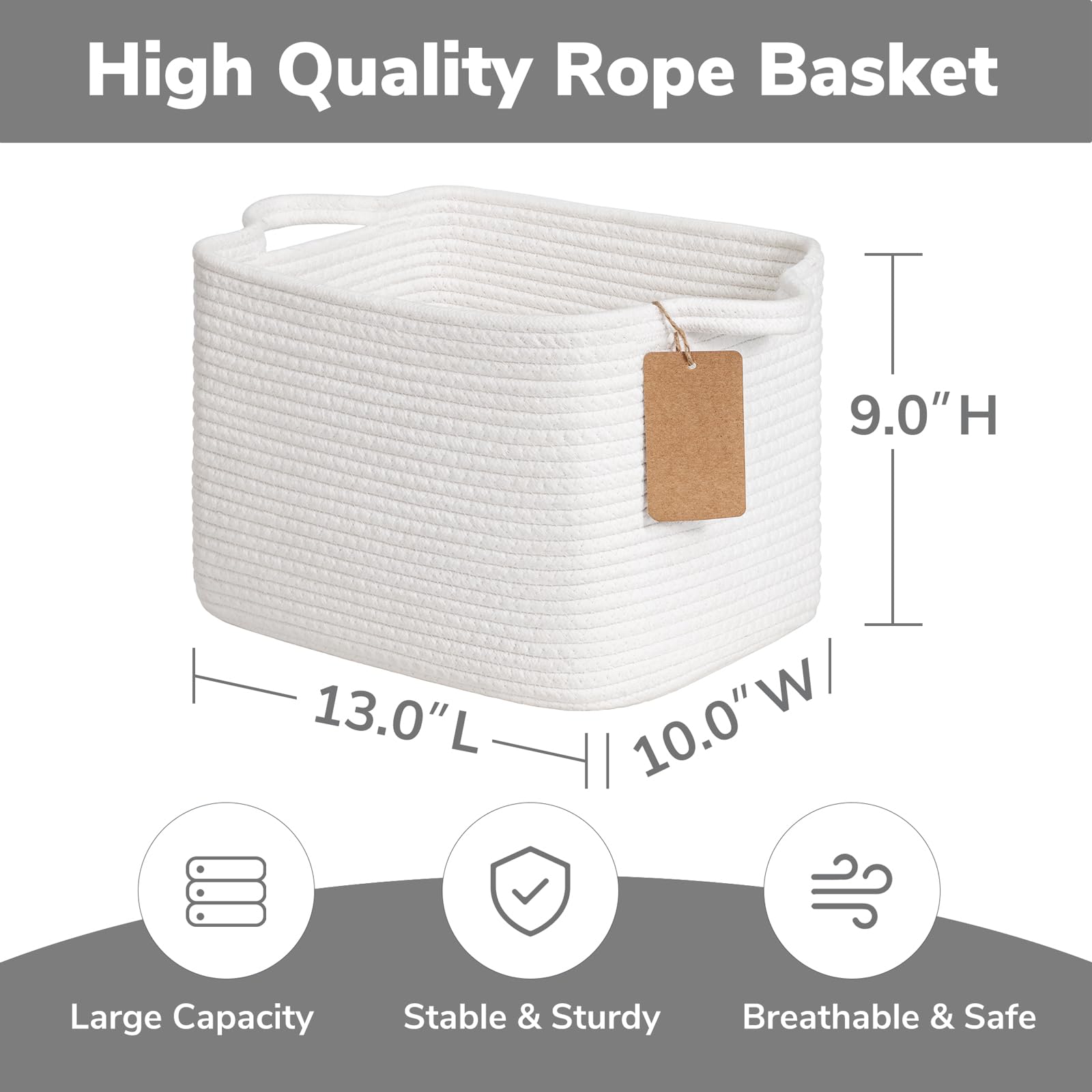 Woven Storage Basket, Cotton Rope Basket for Shelves Closet Organizer Square Shelf Basket for Toys Books, Shoes - Image 3