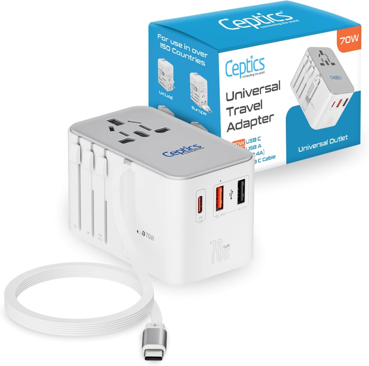 Ceptics GAN 70W Universal Travel Adapter with 65cm Retractable USB-C Cable, 2X USB-A (1x QC 3.0), 1x Type C Port (PD 70W), Universal Power Adapter with Type A, C, G, I Output