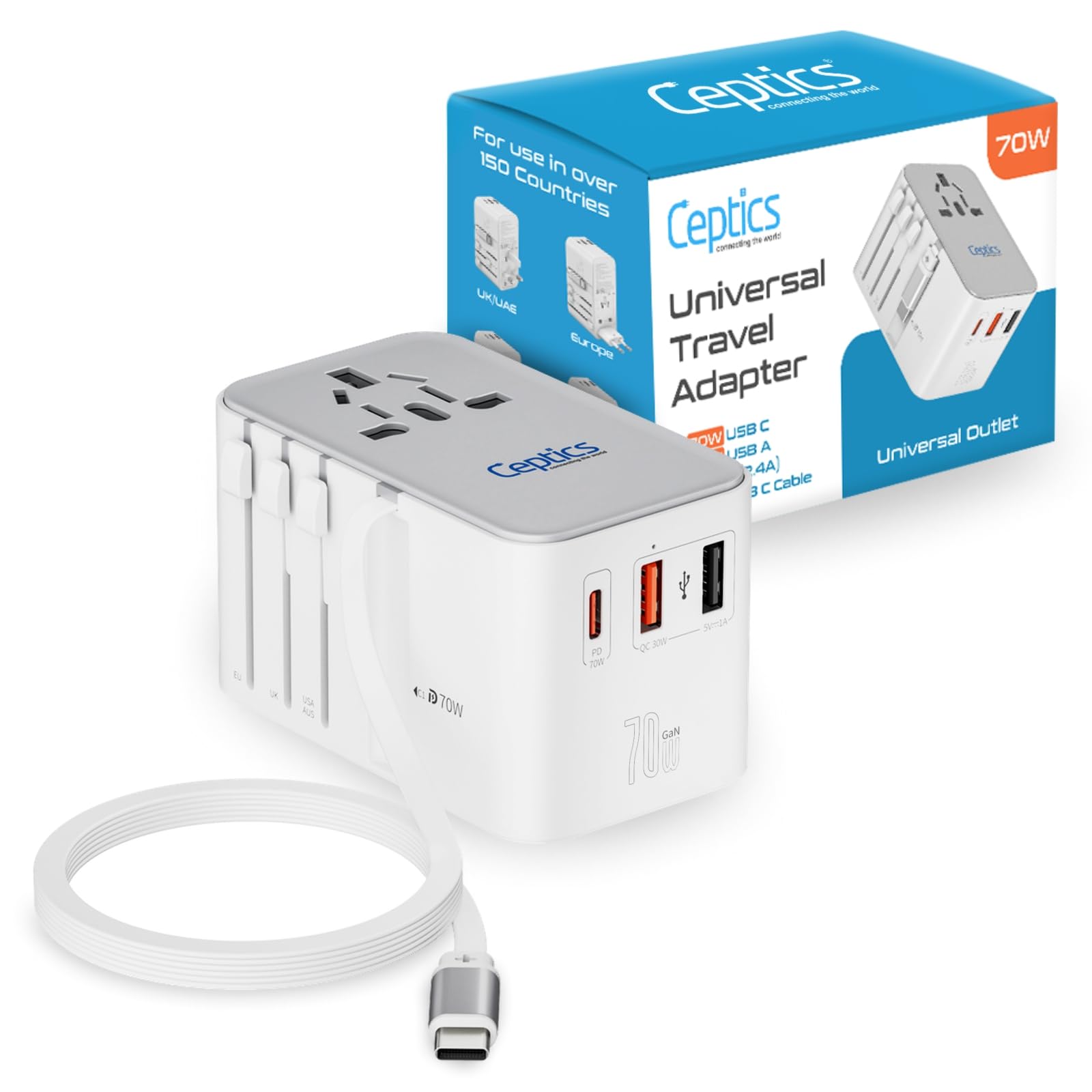 GAN 70W Universal Travel Adapter with 65cm Retractable USB-C Cable, 2X USB-A (1x QC 3.0), 1x Type C Port (PD 70W), Universal Power Adapter with Type A, C, G, I Output