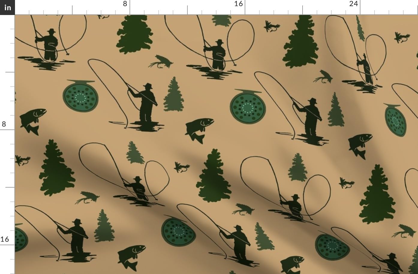 Spoonflower Fabric - Fly Fishing Fisherman Pine Trees Trout River Big Sky Western Printed on Organic Cotton Sateen Fabric by The Yard - Sewing Quilting Apparel Home Decor