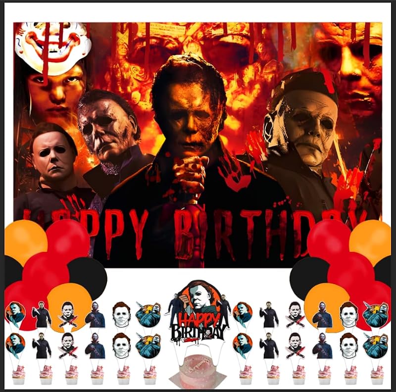 Classic Horror Movie Character Party Decorations Kit,Horror Birthday Supplies Kit,Halloween Birthday Party Decorations Include Backdrop Latex Balloons Cake Cupcake Toppers for Boy Girls Adult