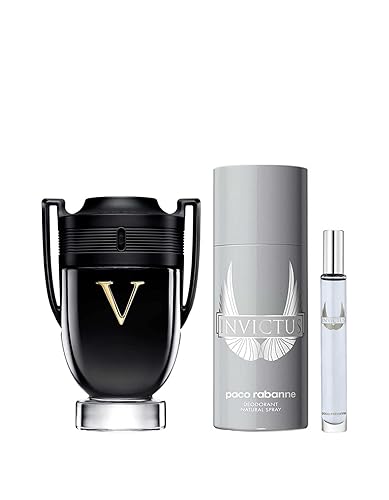 Paco Rabanne INVICTUS VICTUS VICTORY - Juego de caja de lata de 3 piezas para hombre (3.4 onzas Eau De Parfum Extreme Natural Spray + Desodorante en