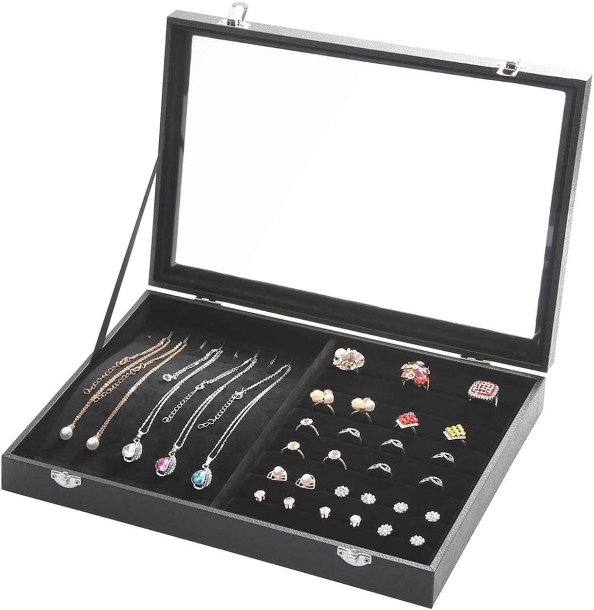 Ogrmar Glass lid Multifunction Jewelry Tray Necklace Ring Organizer Earrings Showcase Storage Boxes (Ring Mix Necklace)