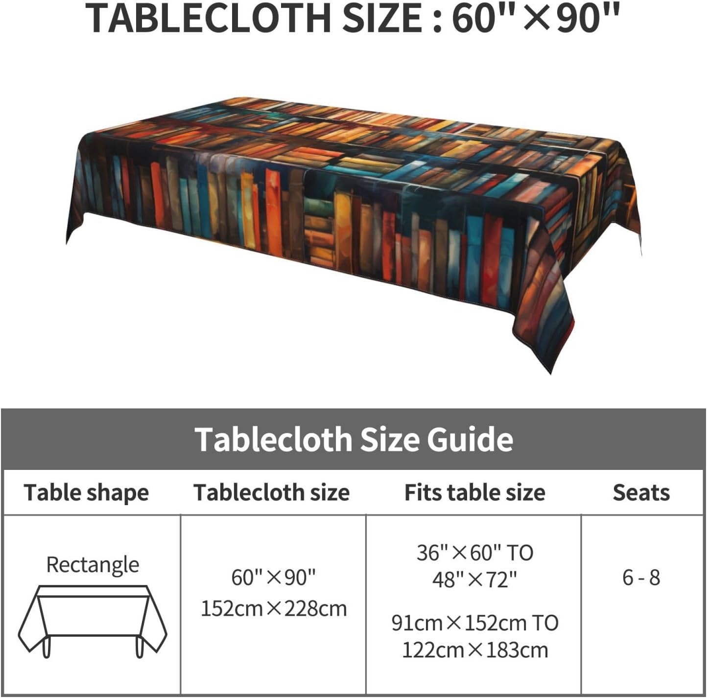 Library Bookshelf Rectangle Tablecloth Washable Table Cloth 60x90 Inch Table Cover Waterproof for Decoration Kitchen Dining Room