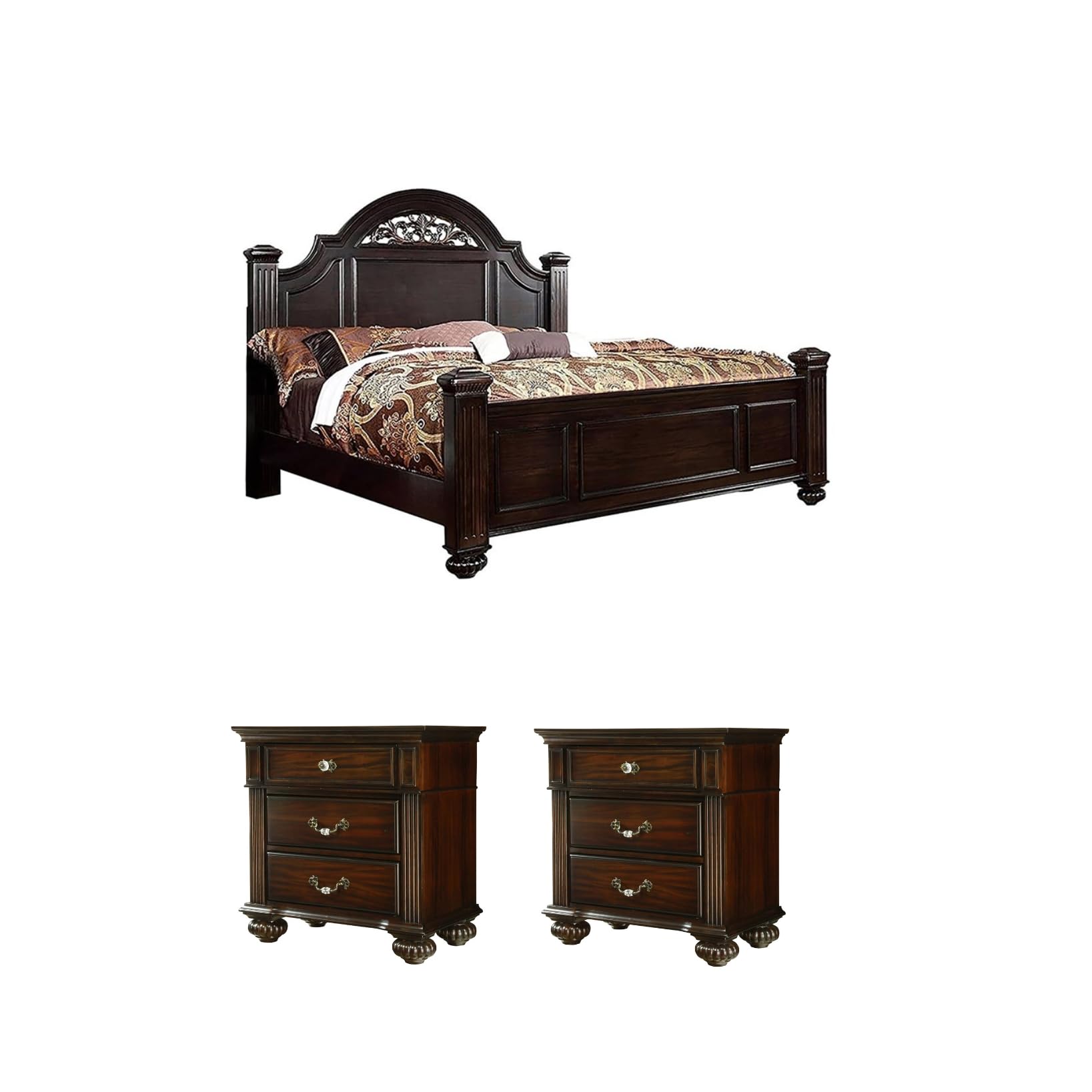 Home Square Set of 3 King Panel Bed and 2 Nightstands in Dark Walnut