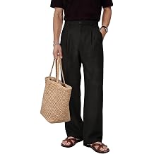 Heyfanee Linen Pants Men Casual Summer Beach Pleated Trousers Loose Fit | 30in, Short length, Lightweight, Deep Pockets, Elastic Waist, Relaxed Fit, Casual