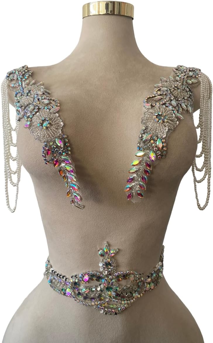 3 Pieces Pure Handsewing Rhinestones Applique Beaded Pearl Fringe Patches Embellished Dress Shoulders Neckline and Waist Luxury Design Clothing Accessories (Silver)