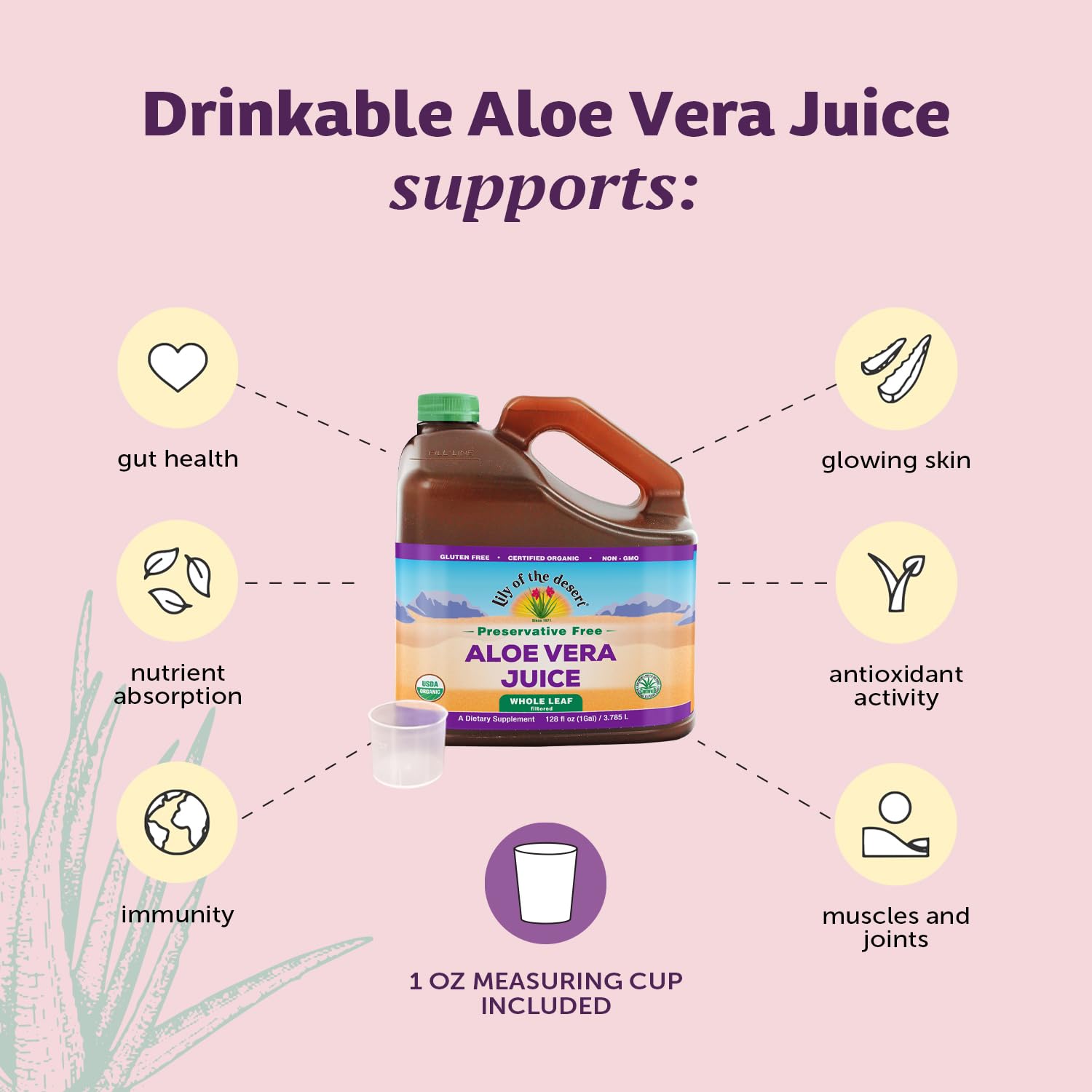 Lily of the Desert Aloe Vera Juice Preservative Free, Whole Leaf Filtered Aloe Vera Drink 128 Fl Oz with Cup, Bottle
