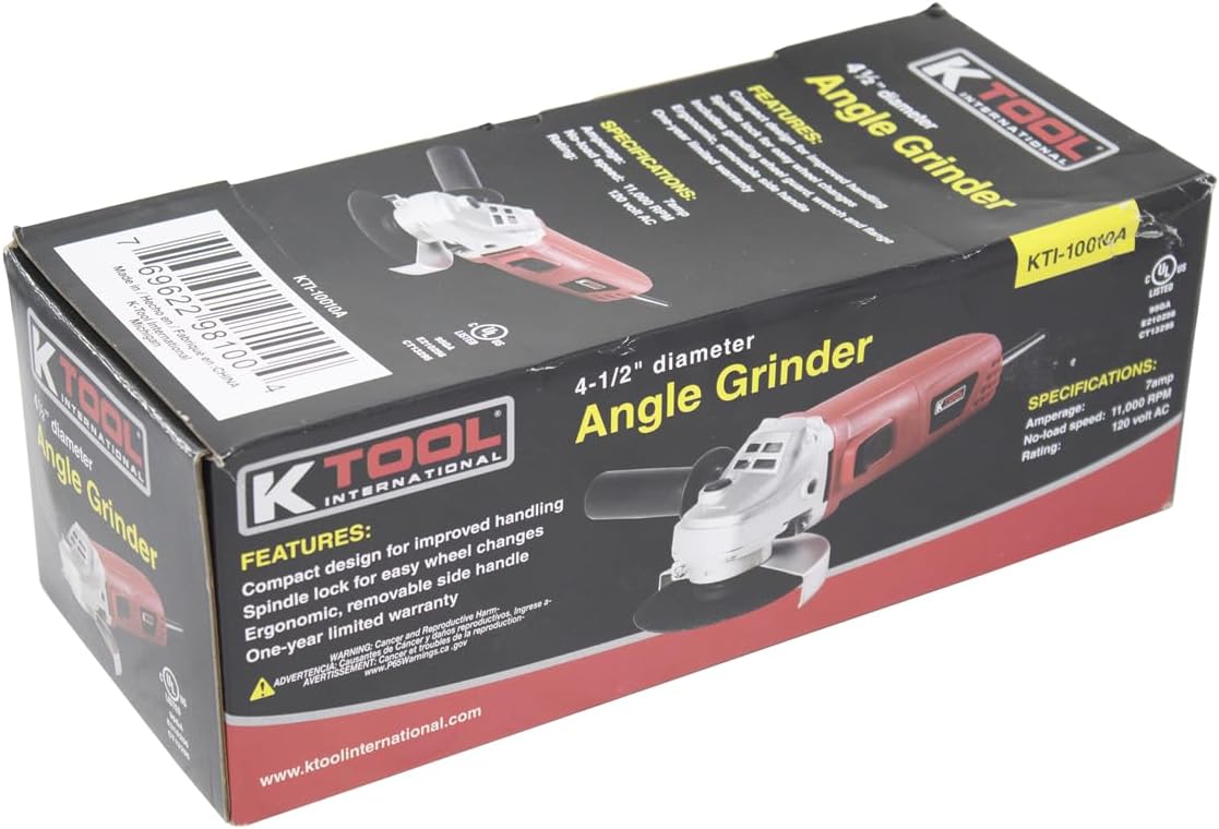 K Tool International 10010A 4-1/2" Angle Grinder for Garages, Repair Shops, and DIY, 120 Volt, 860 Watt, 7 Amp, 1 Piece Slide Handle, 11,000 per Minute Load Speed