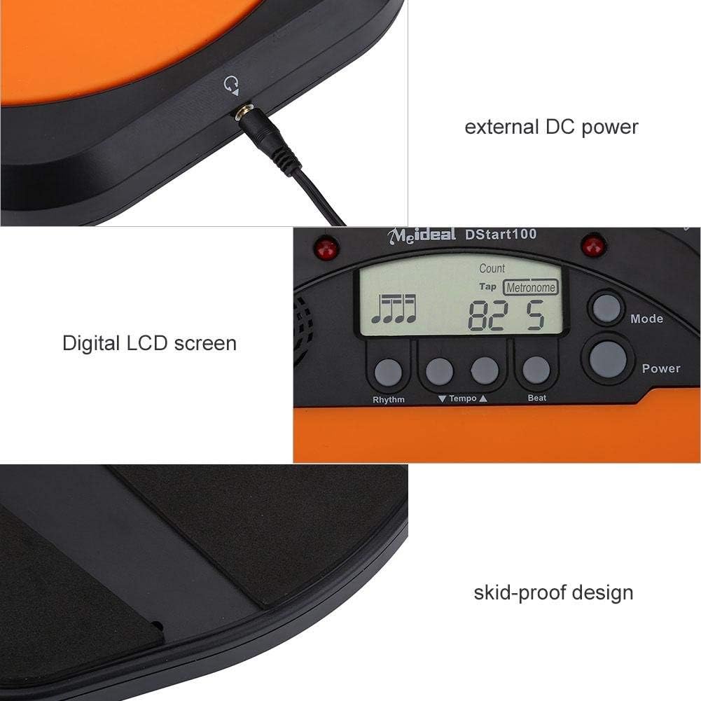 Alomejor Digital Drum Metronome Practice Pad on a stand, with text 'Digital LCD screen Tap function enables you to test your ideal tempo or tempo of a tune.'