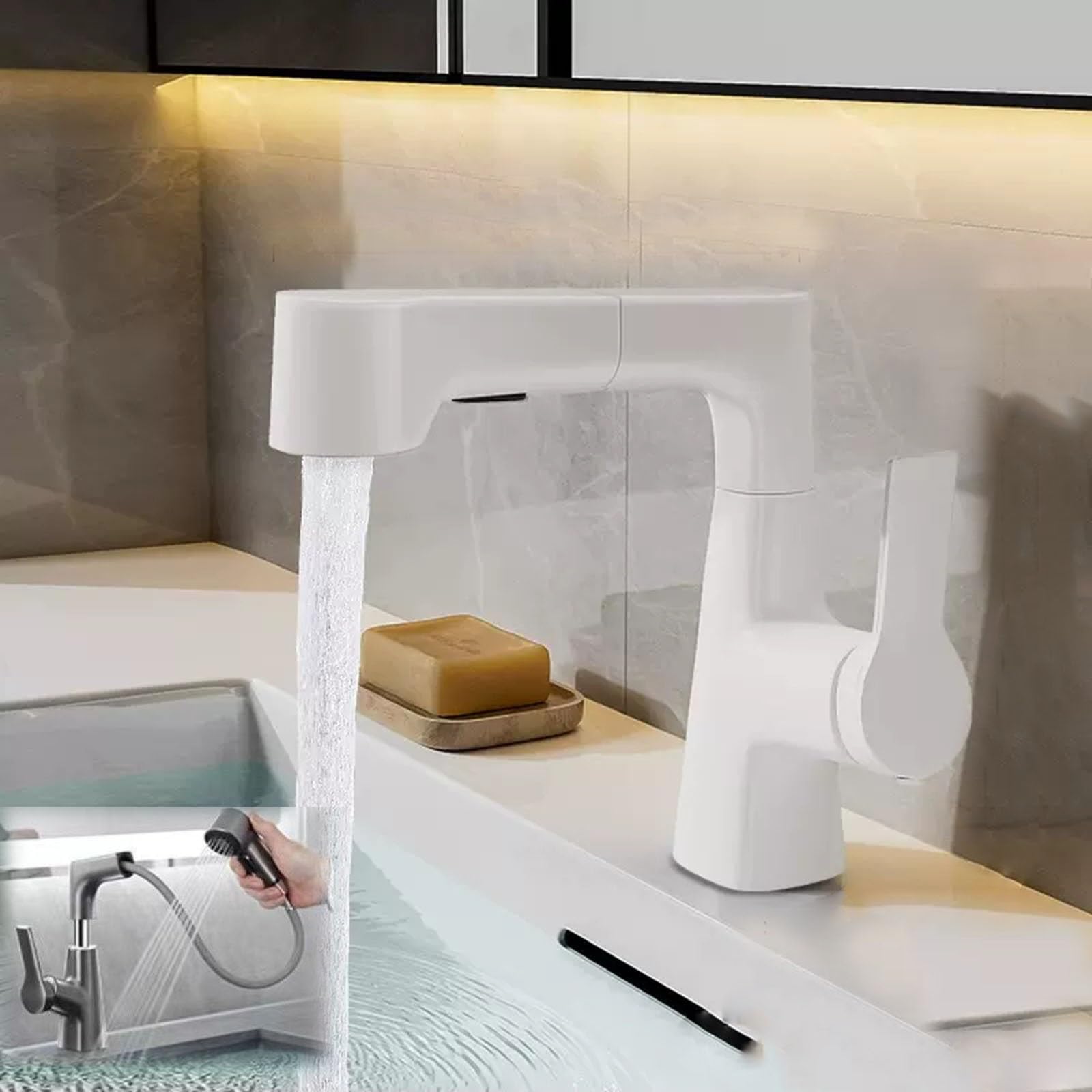 Biała bateria kuchenna regulowana 360° z 2 trybami strumienia i wyciąganą głowicą prysznicową. Idealna do zlewu kuchennego lub łazienkowego. Nowoczesny design, łatwa instalacja.
