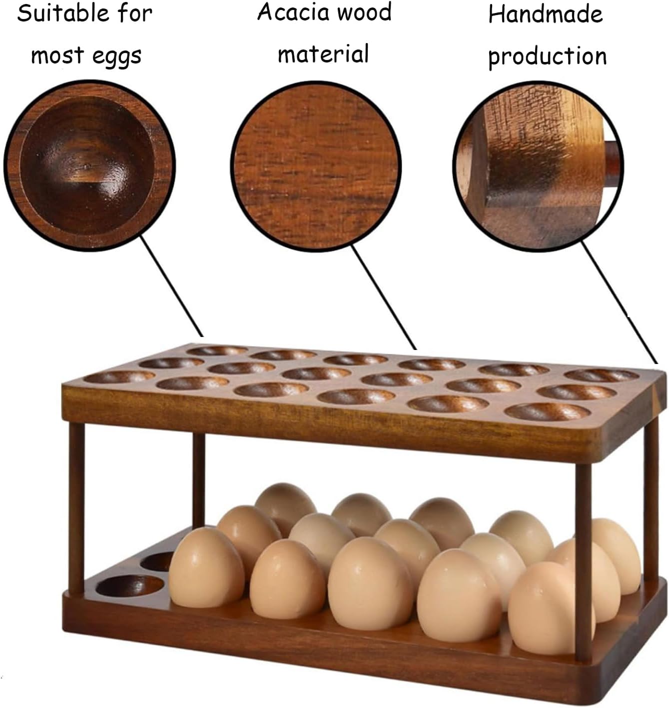 Acacia Wooden Double Layer Egg Holder, 36 Capacity Farmhouse Kitchen 2 Tier Fresh Egg Storage Rack Basket, Deviled Eggs Plates Eggs Tray Organizer for Countertop