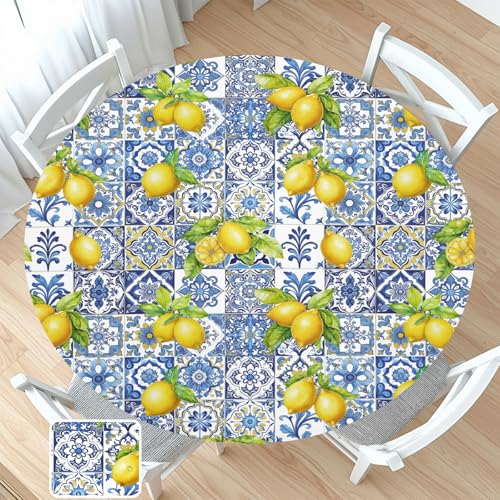 Lemon Round Fitted Tablecloth with Elastic Summer Mediterranean Italian Themed Circle Table Cloth for 40-44" Tables Blue Yellow Lemonade Italy Wipeable Waterproof Table Cover for Dining Picnic Party by Guyperatic - Used condition - US$8.49