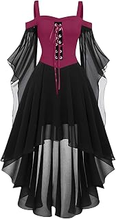 Gothic Dresses for Women Halloween Punk Off Shoulder Lace up Witchy Dress Trumpet Sleeve High Low Hem Medieval Costume