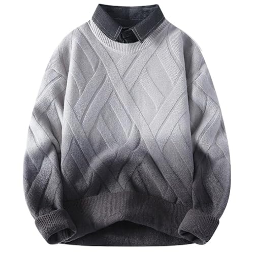 Men's Gradient Color Fake Two-Piece Knit Sweater Fall Winter Shirt