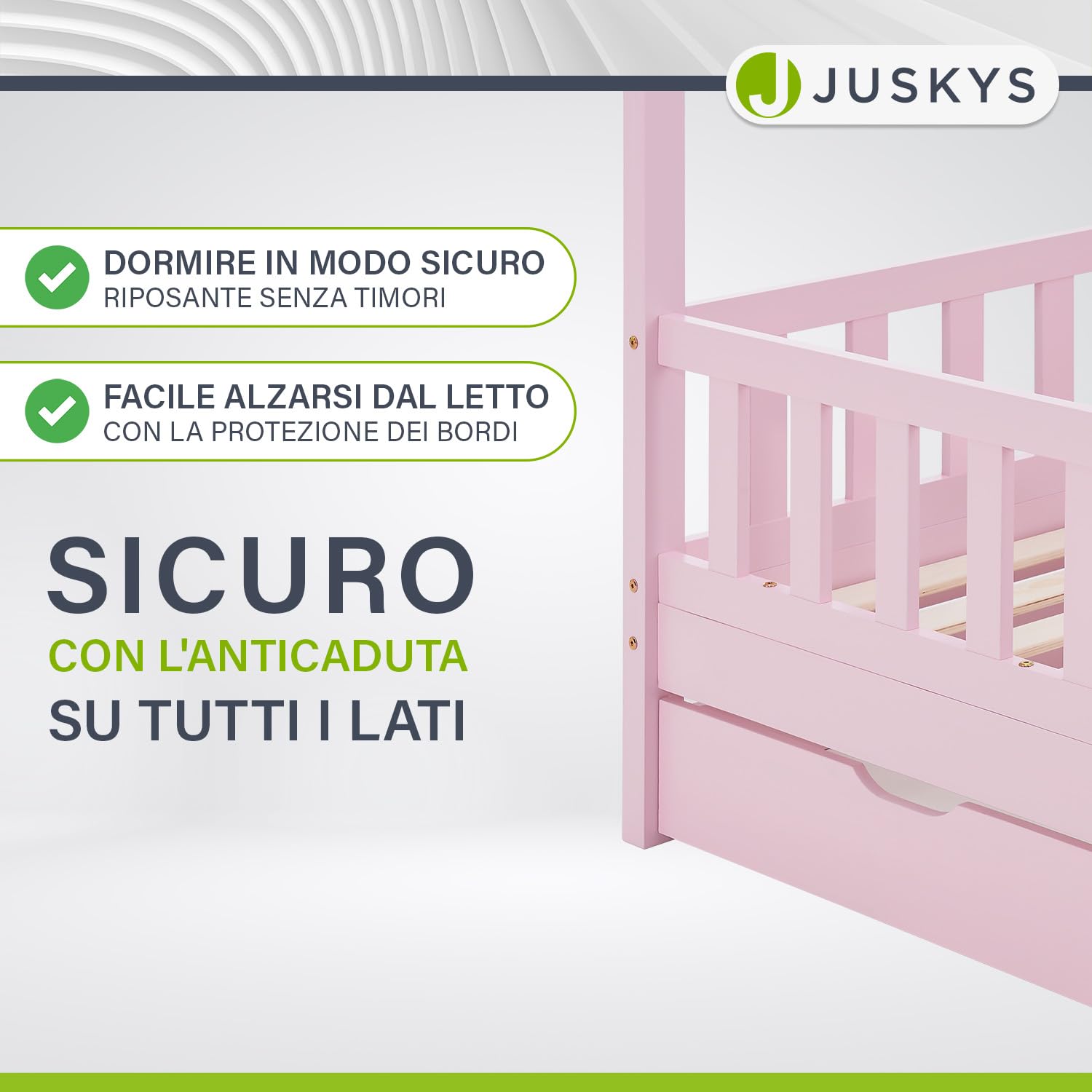 Juskys letto per bambini Marli da 80x160 cm con due contenitori, protezione anticaduta, rete a doghe e tetto - Letto a casetta in legno massiccio per bambini - Letto in rosa