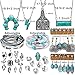 IFKM 47 PCS Silver Bohemian Jewelry Set With 4pcs Turquoise Necklace,12 pairs Dangle Earrings, 11pcs Stackable Bangle Bracelets, 20pcs Knuckle Rings For Women Vintage Western Boho Turquoise Anniversary Birthday Friendship Gift (Western cowboy)