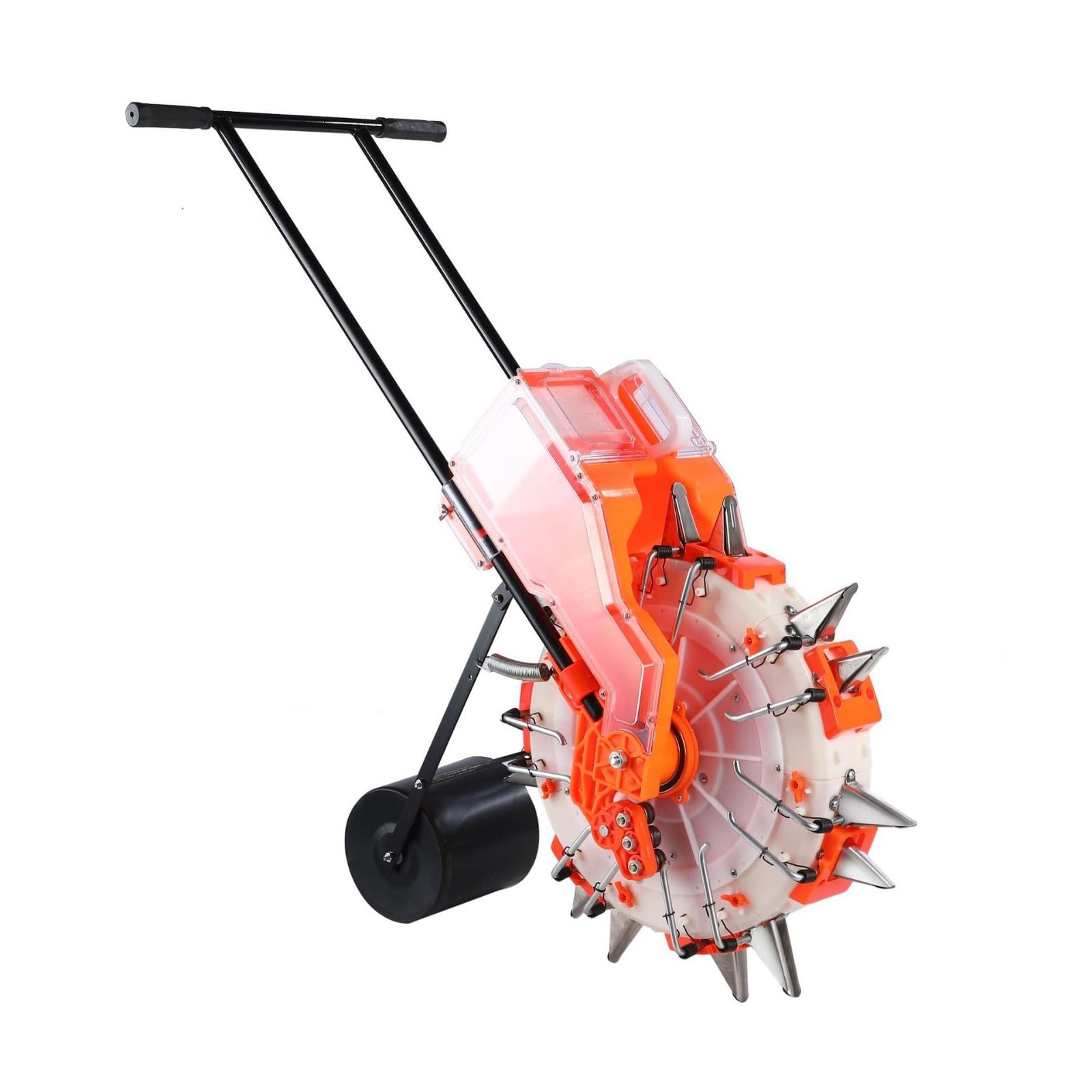 Semoir manuel, rouleau à pousser à la main pour semis et application d'engrais, profondeur réglable, design en acier inoxydable avec boîte à graines transparente pour différentes cultures