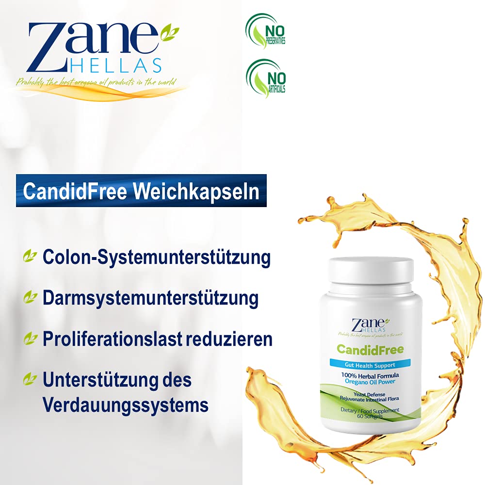 Zane Hellas Candidfree Softgels. Oregano-Öl-Power. Candida-Unterstützung. Unterstützung der Darmgesundheit. Unterstützung der Darmflora. 100% pflanzliche Lösung. 60 Kapseln.