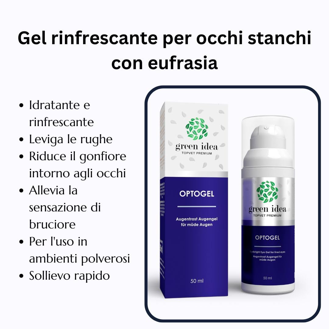 Green idea - Gel Contorno Occhi Rinfrescante - OPTOGEL - con Euphralia, Agrimonia e Pantenolo - Occhi Stanchi e Secchi - Occhi irritati e stressati - Crema palpebrale - 50 ml