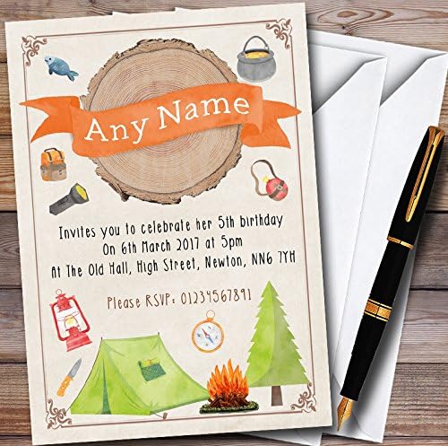Log Watercolour Camping Bonfire Personalized Childrens Party Invitations