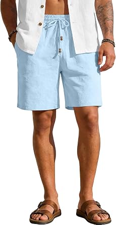 Mens Cotton Linen Shorts Casual Drawstring Elastic Waist 2026 Summer Beach Vacation Yoga Golf Shorts with Pockets