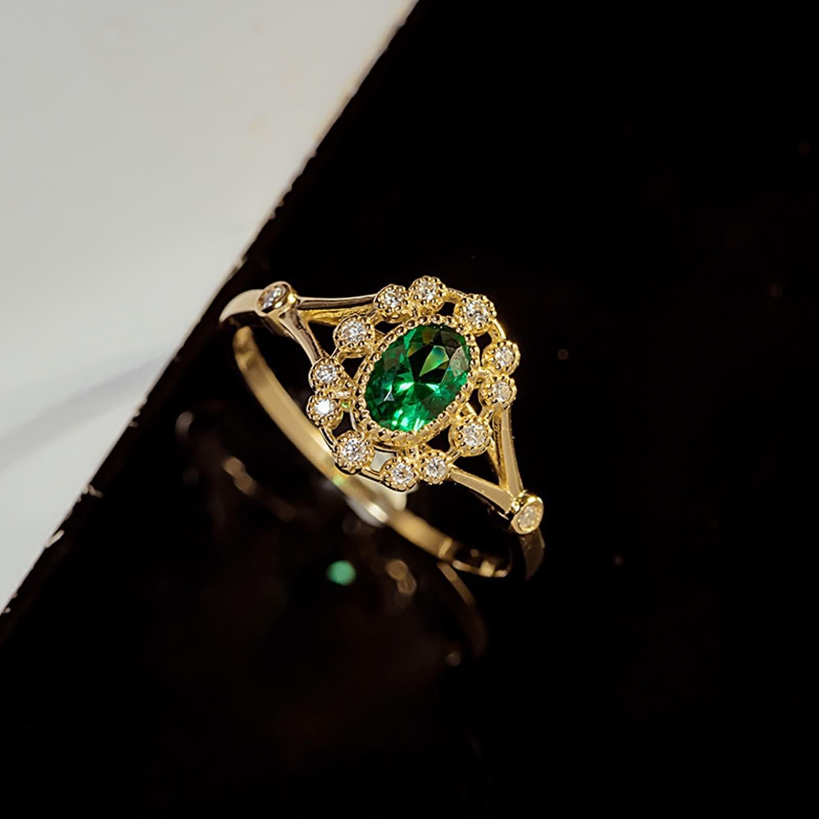 AMDXD 18K Gold Trauringe Echt Gold, Hohl Blumen Bandringe mit Tsavorite Grün Ovalschliff, Au 750 Diamant Eheringe Diamantring, Gr.47-65