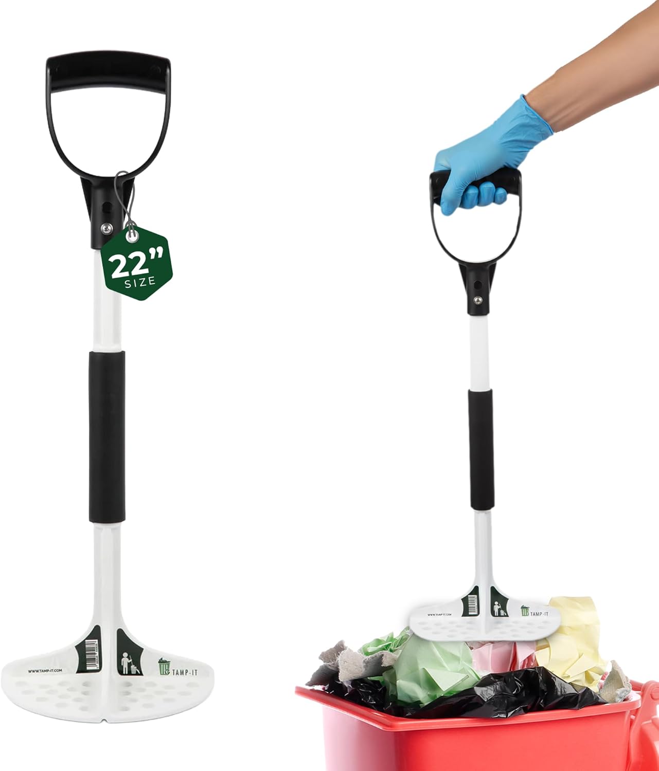 TAMP-IT Next Gen Manual Trash Compactor – Heavy Duty Smasher Tool for Kitchen, Dumpster, Outdoor Use, Garbage Recycling, Steel Ground Tamper, Trash Can Compactor Tool, 22 x 7.5 Inches, White, D-Handle