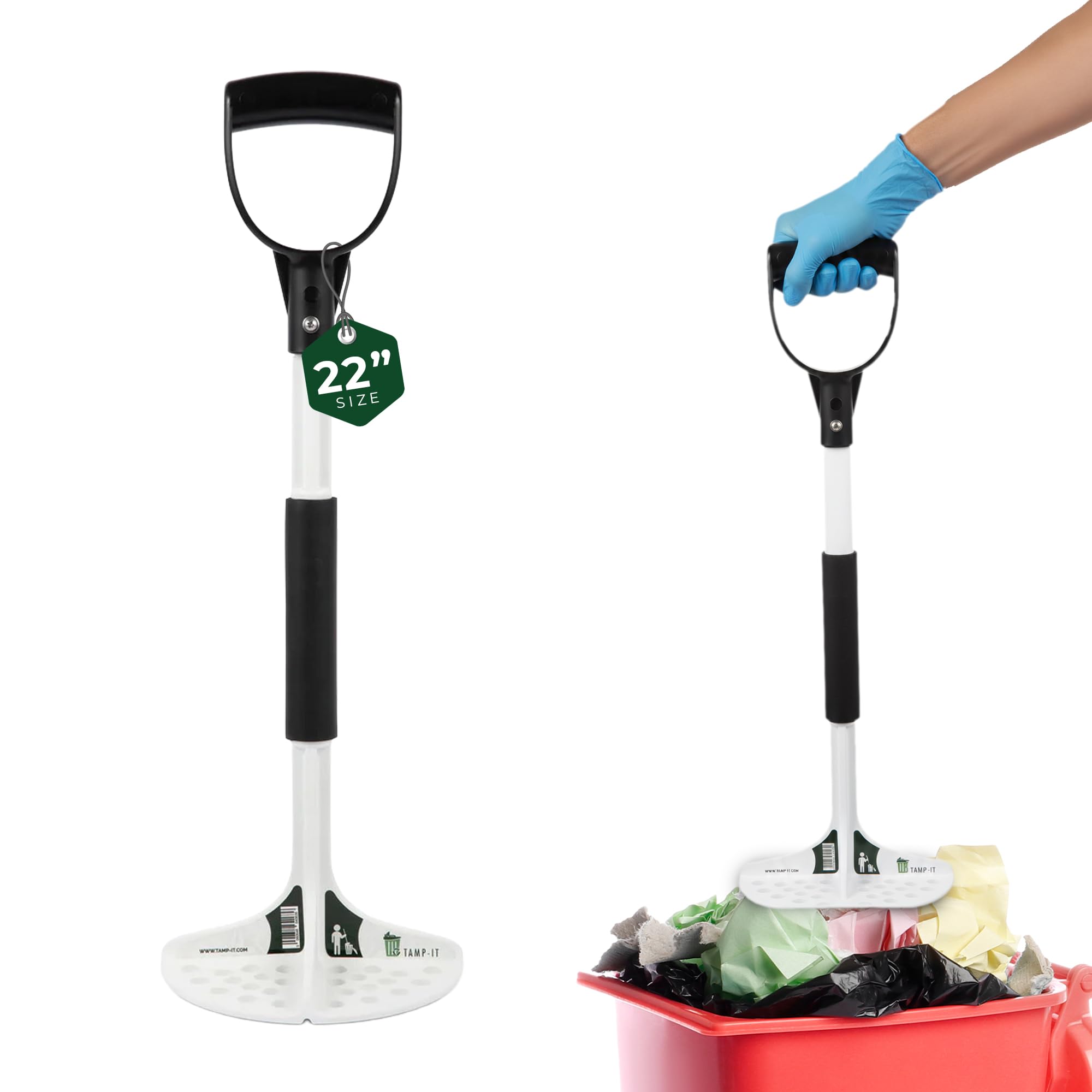 TAMP-IT Next Gen Manual Trash Compactor – Heavy Duty Smasher Tool for Kitchen, Dumpster, Outdoor Use, Garbage Recycling, Steel Ground Tamper, Trash Can Compactor Tool, 22 x 7.5 Inches, White, D-Handle - 1