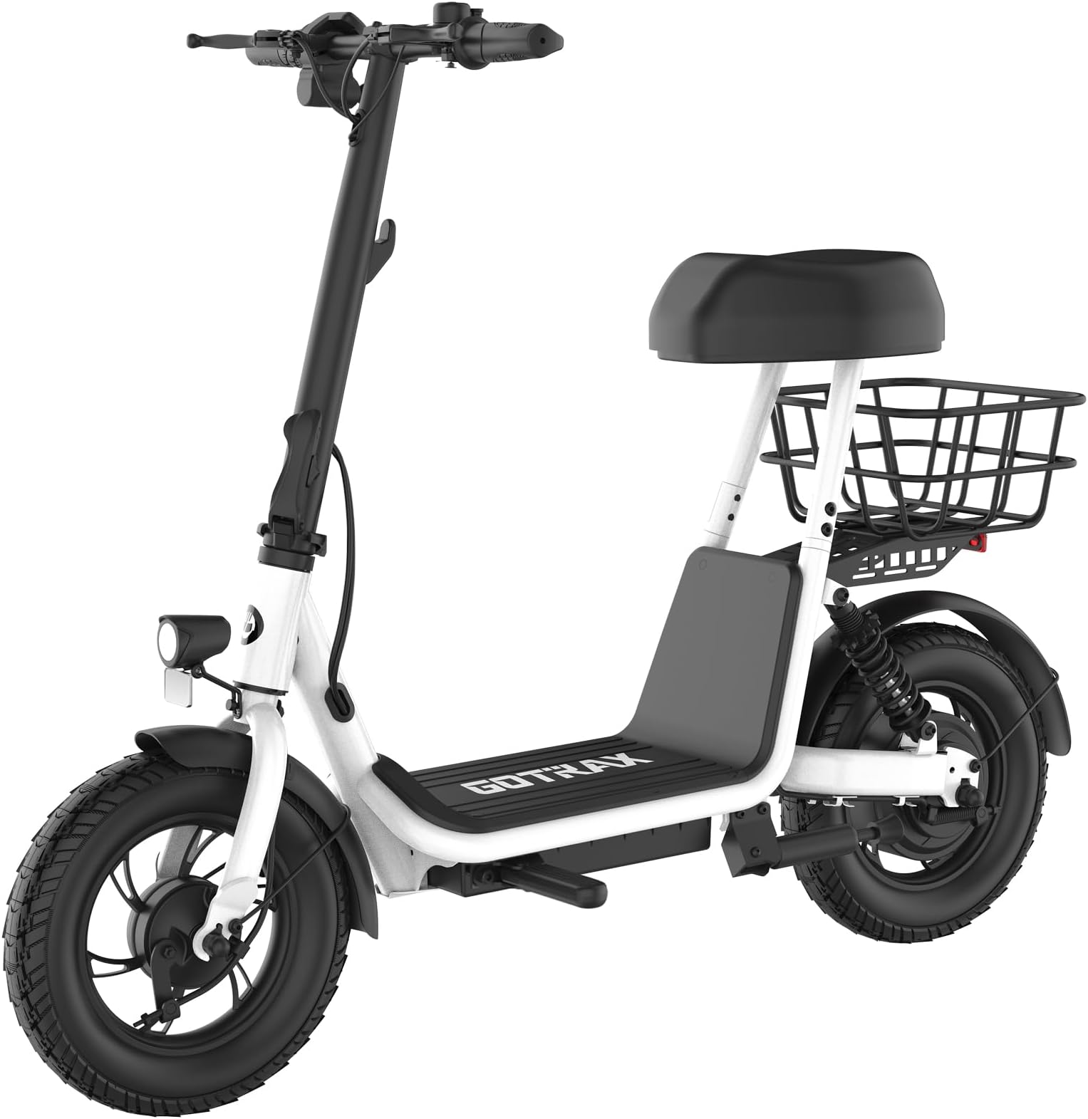GotraxA5 Electric Scooter w/Seat for 13+, 12" Pneumatic Tire, Max 15.5 Miles &15.5 Mph Power by 400W Motor, Dual Rear Shock Absorber &Dual Brake, Comfortable Wider Seat & Carry Basket & Hook, White