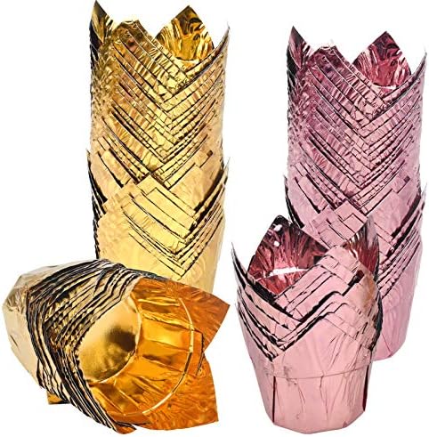 HQdeal muffin case, 100PCS Gold and Rose Gold cupcake cases, Foil Muffin Cases, tulip Muffin Liners, Baking Cases, Wraps Cases, baking paper for coffee shop,Wedding, Birthday Party,Baby Shower