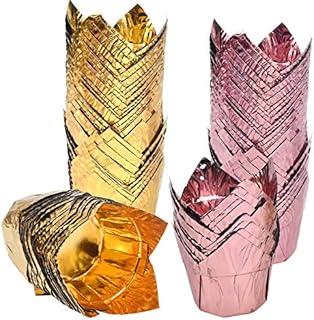 HQdeal muffin case, 100PCS Gold and Rose Gold cupcake cases, Foil Muffin Cases, tulip Muffin Liners, Baking Cases, Wraps Cases, baking paper for coffee shop,Wedding, Birthday Party,Baby Shower