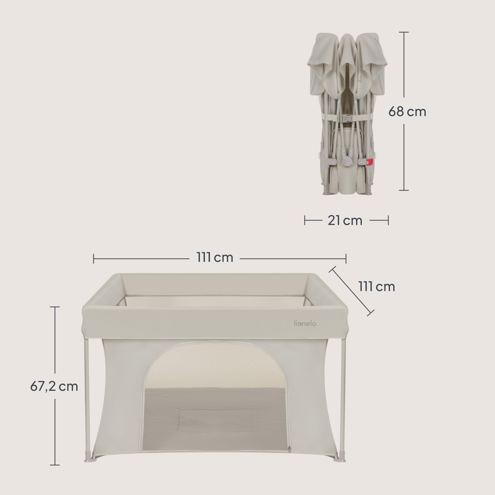 Lionelo Paco Parc Bébé Pliable 111 x 111 cm (0-48 Mois), Léger 4,1 kg | Pliage Rapide sans Outils, Entrée Latérale Zippée, Filets Respirants, Format Compact, Sac de Transport Inclus, jusqu'à 15 kg