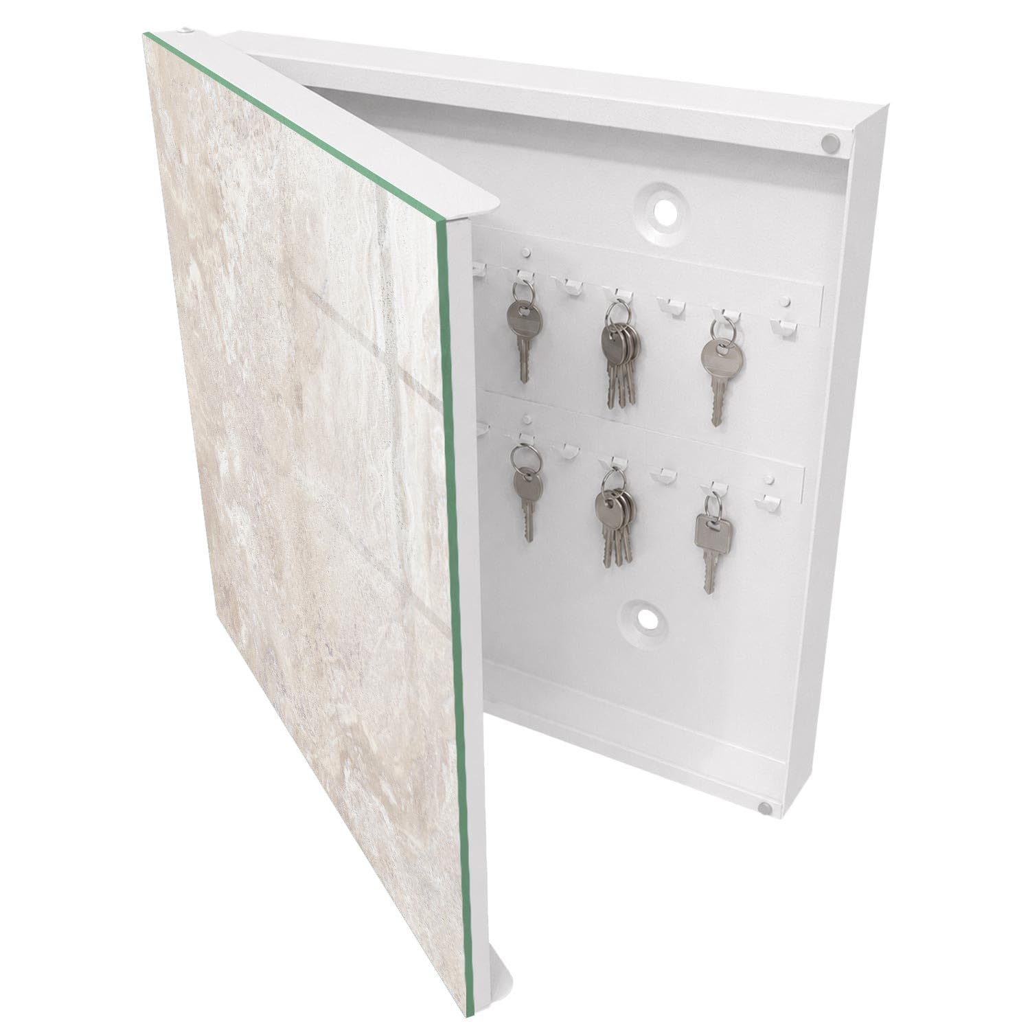 Armadietto Portachiavi 30x30 cm | Bianco | A Sinistra | Montaggio a Parete | Astrazioni beige | Tasselli e Viti Inclusi | Frontale Decorativo in Vetro Temperato | per Uffici | in Metallo