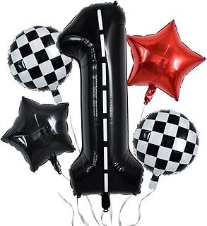 TONIFUL 40 Inch Race Car 1st Birthday Balloons Racetrack Number 1 Black Balloons Wheel Tire Balloons Black White Checkered Balloons Star Balloons Boys Car Themed Birthday Party Decor