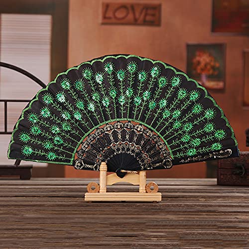 HUNANBANG 1 Dozen 12 Pieces Chinese Traditional Easten Winds Spanish Floral Folding Hand Fans Gift Size 9" with Sequins