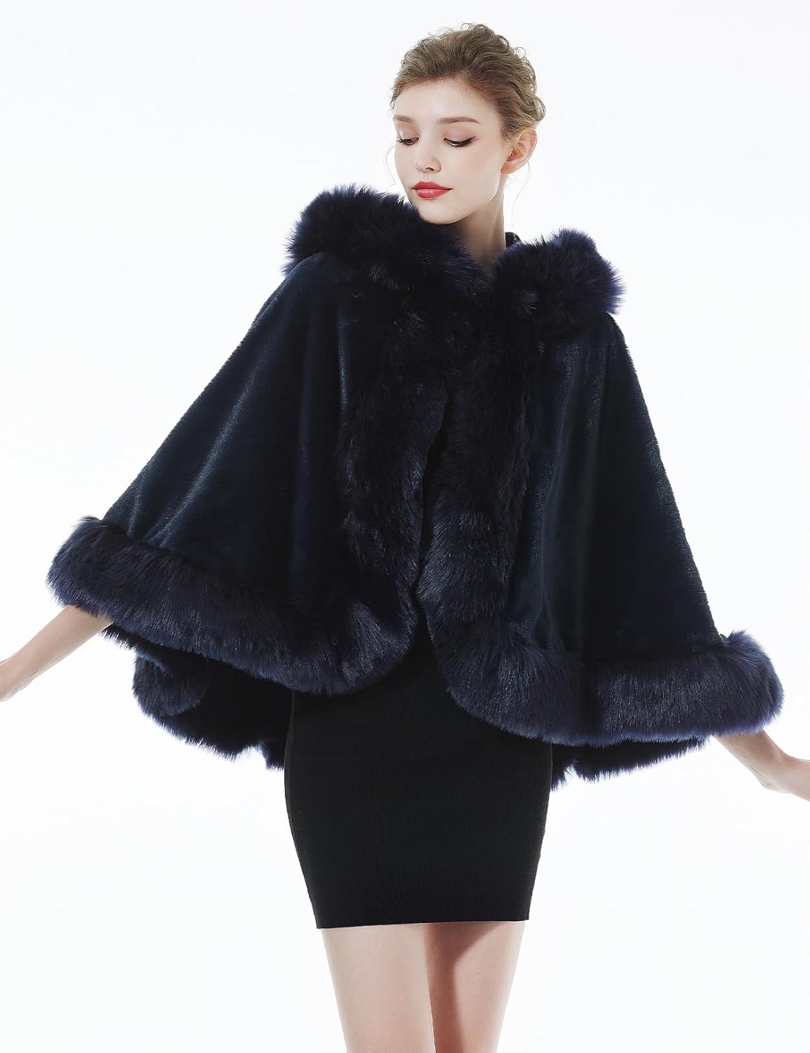Women Faux Fur Shawls Wraps Bridal Fur Stoles Cloak Coat Fur Trimmed Cape Poncho for Party Wedding Bridal - Image 4