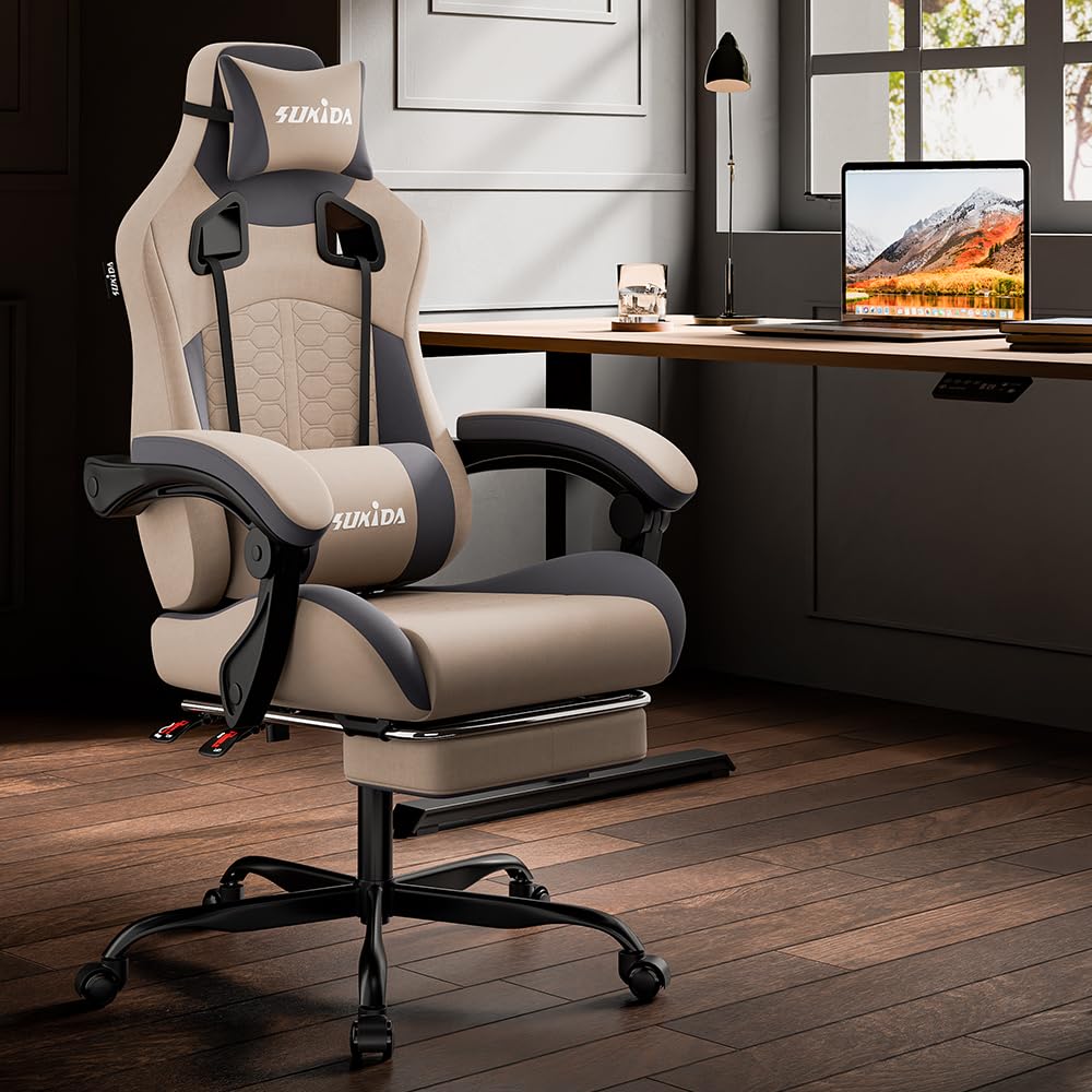 SUKIDA Sedia da gaming ergonomica da ufficio, in pelle PU, con poggiatesta, ergonomica, con supporto lombare fino a 150 kg